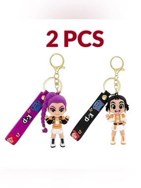 2Pcs K-Pop Demon Hunters Figure Keychain Set Tara Minji Cute Rubber Keyring